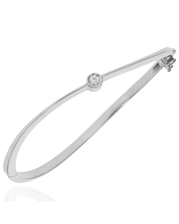 Diamond Solitaire Wave Bangle in White Gold