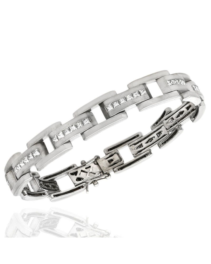 Gentlemans Diamond Rectangular Link Bracelet in White Gold