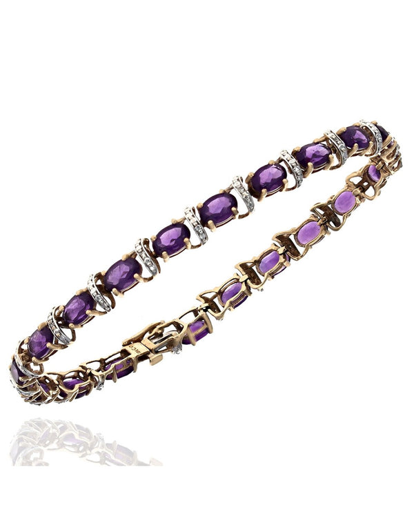 Alternating Amethyst and Diamond Curve Link Bracelet in White and Yellow Gold