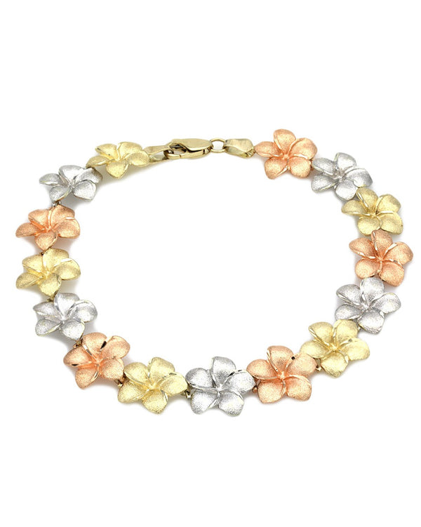 Plumeria Link Bracelet in White, Rose, and Yellow Gold