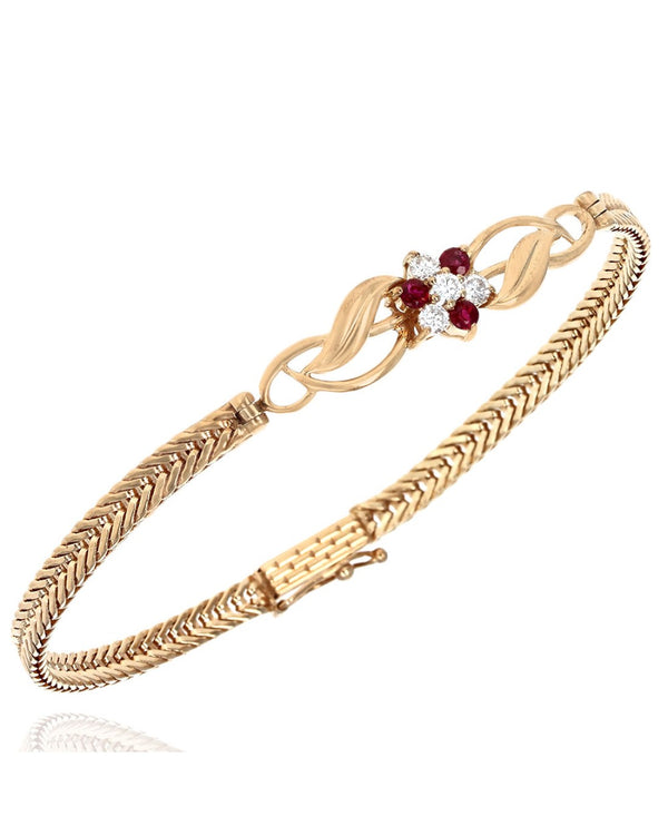 Ruby and Diamond Cluster Station Wheat Link Bracelet