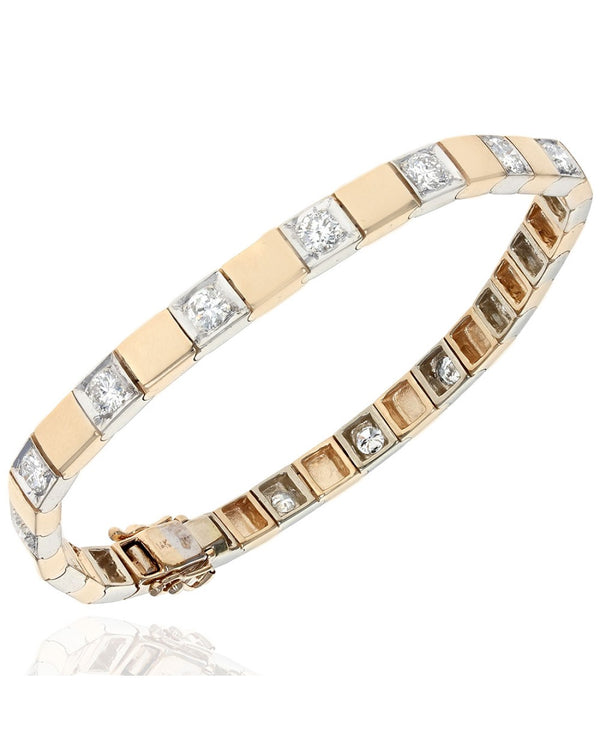 Alternating Diamond and Square Link Inline Bracelet in White and Yellow Gold