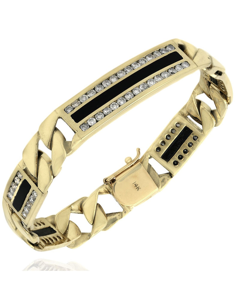 Gentlemen's Diamond and Onyx Square Curb Chain Station Bracelet in Yellow Gold