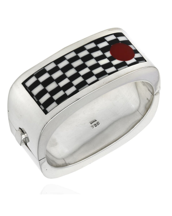 Zina Black & White Checkerboard Wide Bangle in Silver