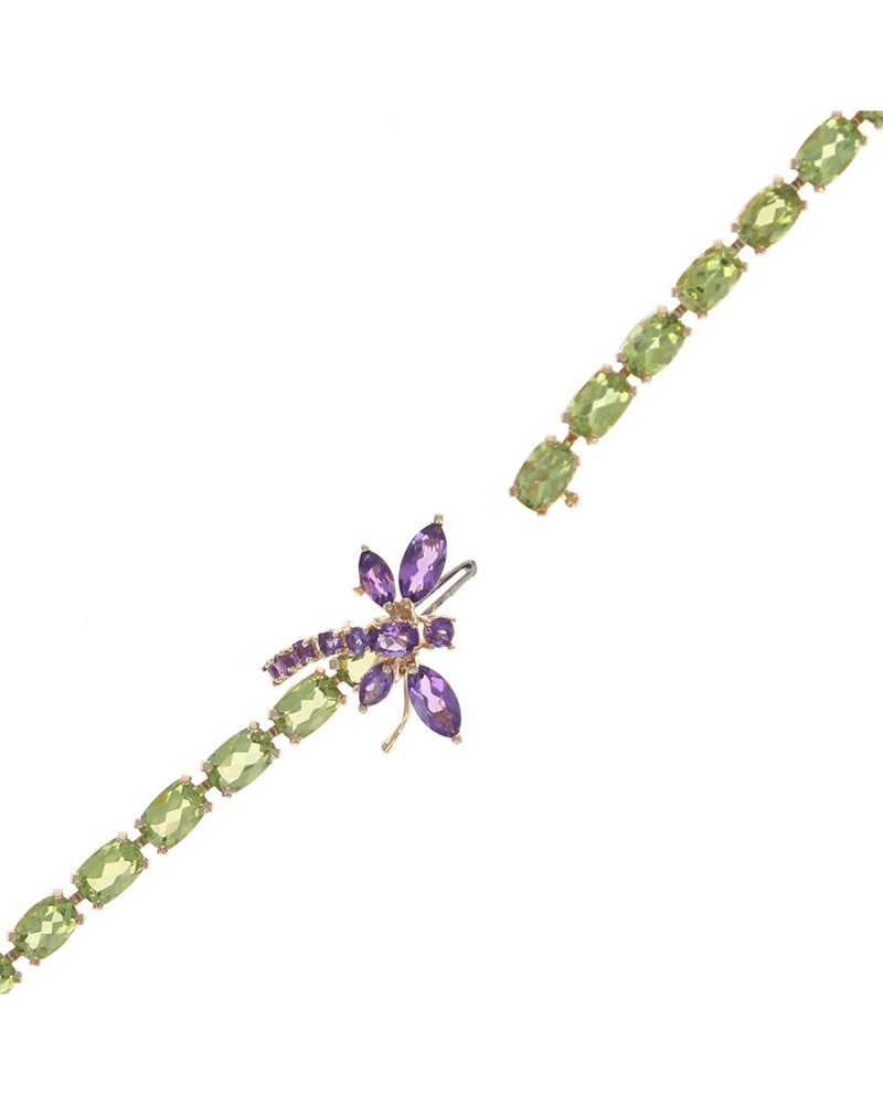 Peridot and Amethyst Dragonfly Bracelet in Yellow Gold