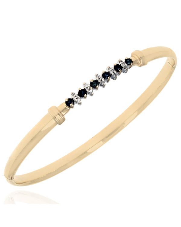 Alternating Blue Sapphire and Diamond Hollow Hinged Bangle Bracelet in Yellow Gold