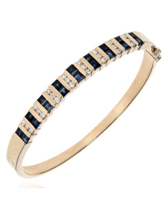 Alternating Blue Sapphire and Diamond Higned Bangle Bracelet in Yellow Gold