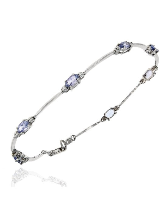 Tanzanite and Diamond Accent Bar Link Inline Bracelet in White Gold