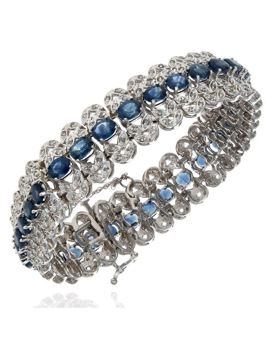 Vintage Sapphire and Diamond Foliate Lined Bracelet in White Gold