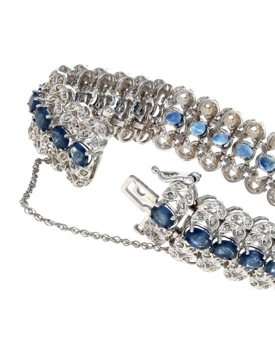 Vintage Sapphire and Diamond Foliate Lined Bracelet in White Gold