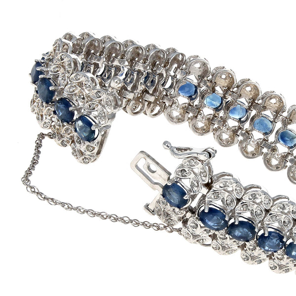 Vintage Sapphire and Diamond Foliate Lined Bracelet in White Gold