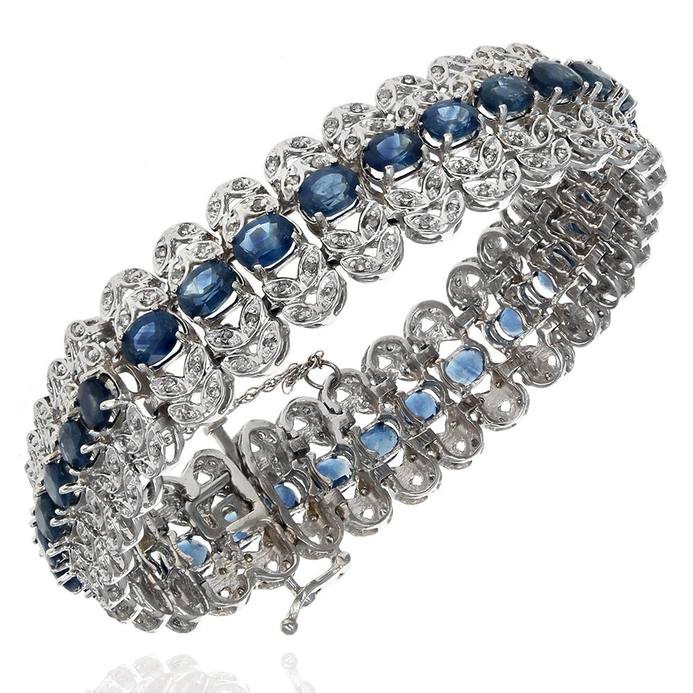 Vintage Sapphire and Diamond Foliate Lined Bracelet in White Gold