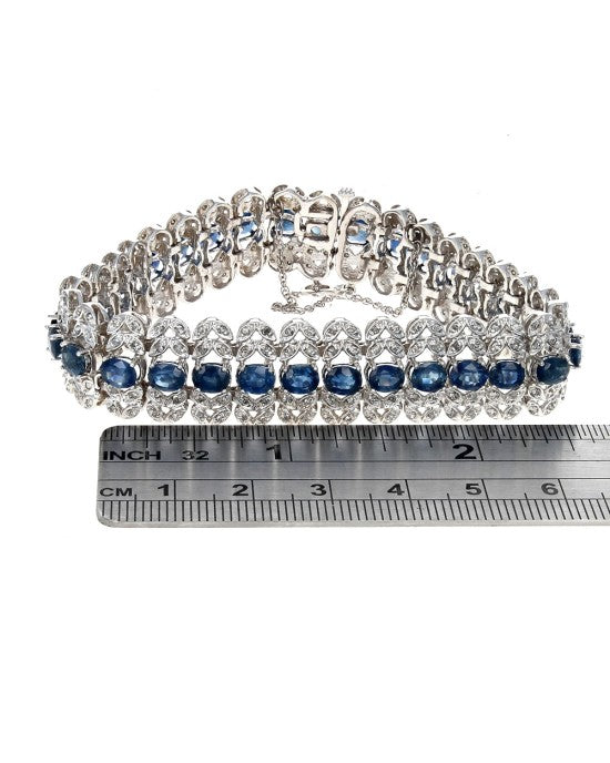 Vintage Sapphire and Diamond Foliate Lined Bracelet in White Gold