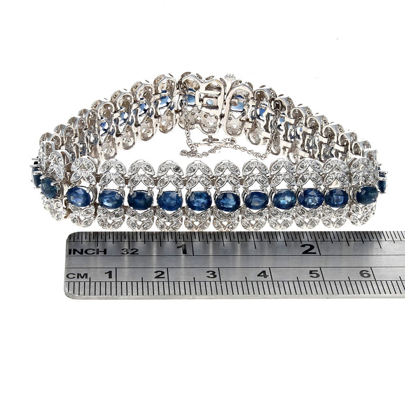 Vintage Sapphire and Diamond Foliate Lined Bracelet in White Gold