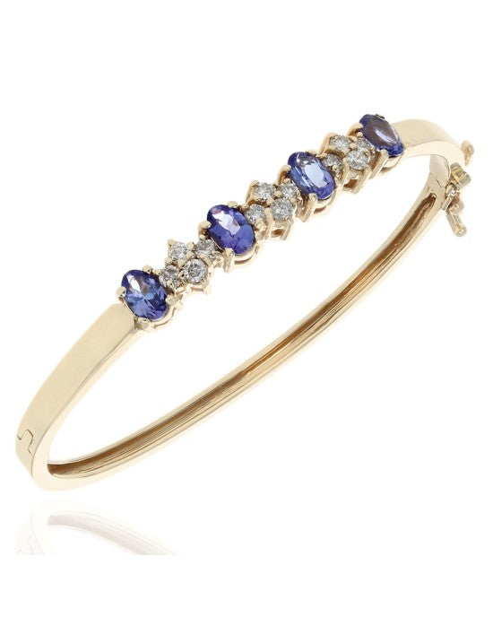 Alternating Tanzanite and Diamond Cluster Hinged Bangle Bracelet