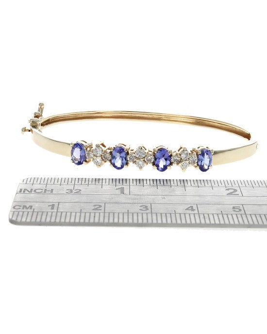 Alternating Tanzanite and Diamond Cluster Hinged Bangle Bracelet