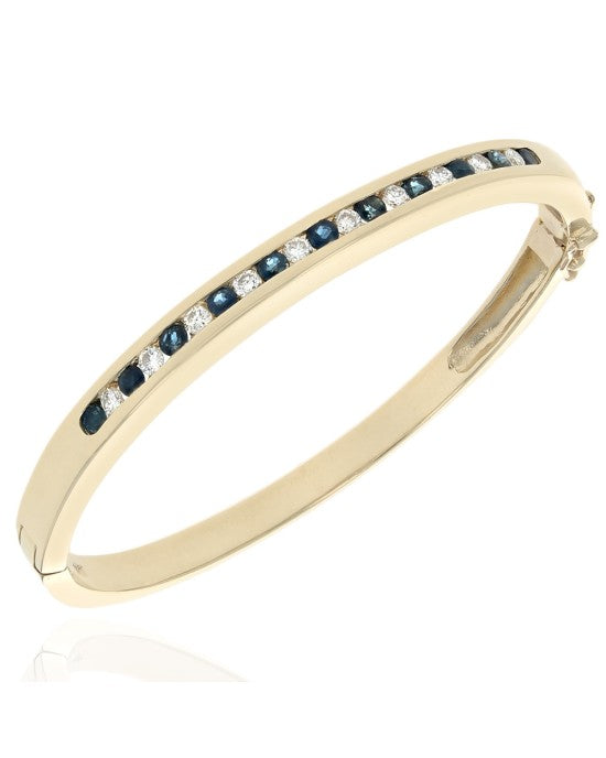 Alternating Blue Sapphire and Diamond Hinged Bangle Bracelet