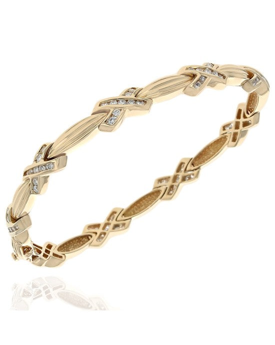 Alternating Diamond X Fluted Barrel Link Inline Bracelet in Yellow Gold