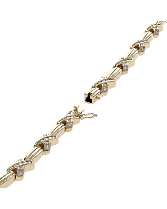 Alternating Diamond X Fluted Barrel Link Inline Bracelet in Yellow Gold