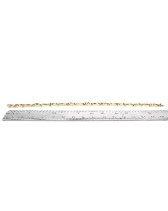 Alternating Diamond X Fluted Barrel Link Inline Bracelet in Yellow Gold