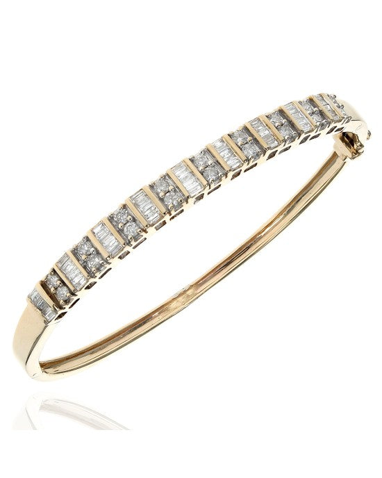 Alternating Round and Baguette Diamond Hinged Bangle Bracelet