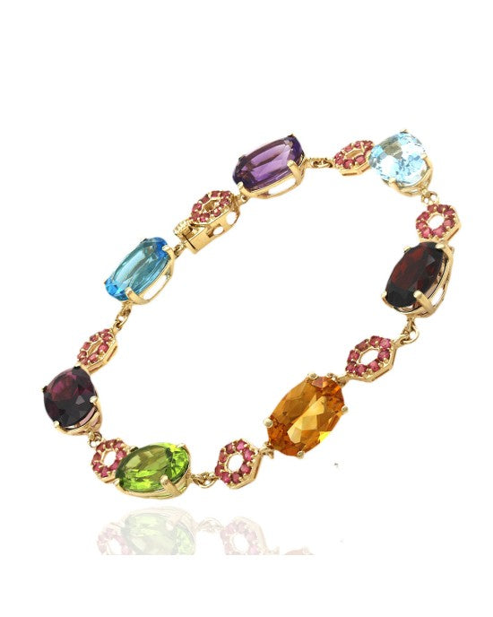 Mixed Gemstone Station Link Bracelet in Yellow Gold