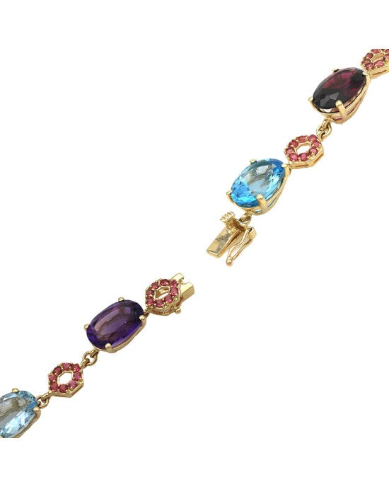 Mixed Gemstone Station Link Bracelet in Yellow Gold