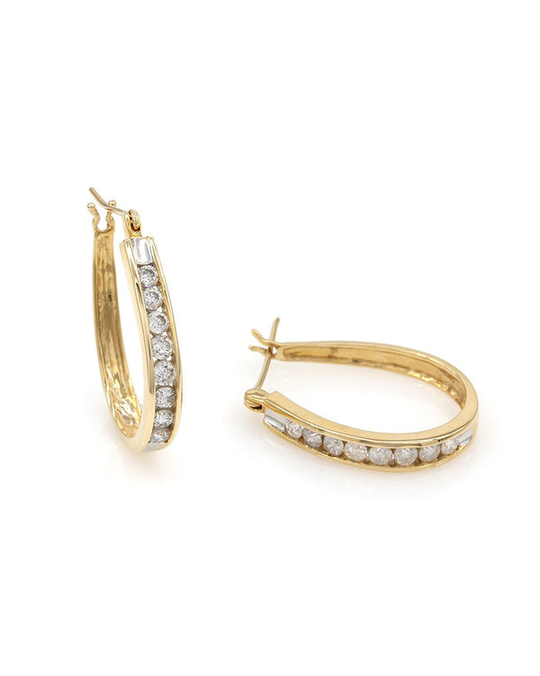 Diamond Elongated Hoop Earrings in White and Yellow Gold