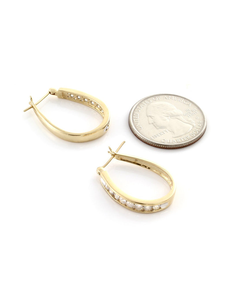 Diamond Elongated Hoop Earrings in White and Yellow Gold