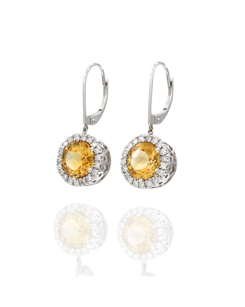 Citrine and Diamond Halo Earrings in Gold