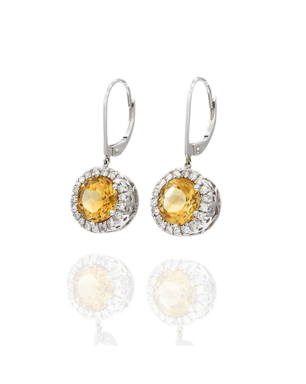 Citrine and Diamond Halo Earrings in Gold