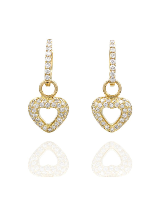 Pave Diamond Heart Charm Gold Earrings