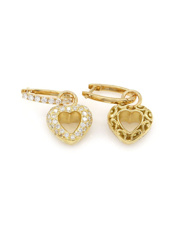 Pave Diamond Heart Charm Gold Earrings