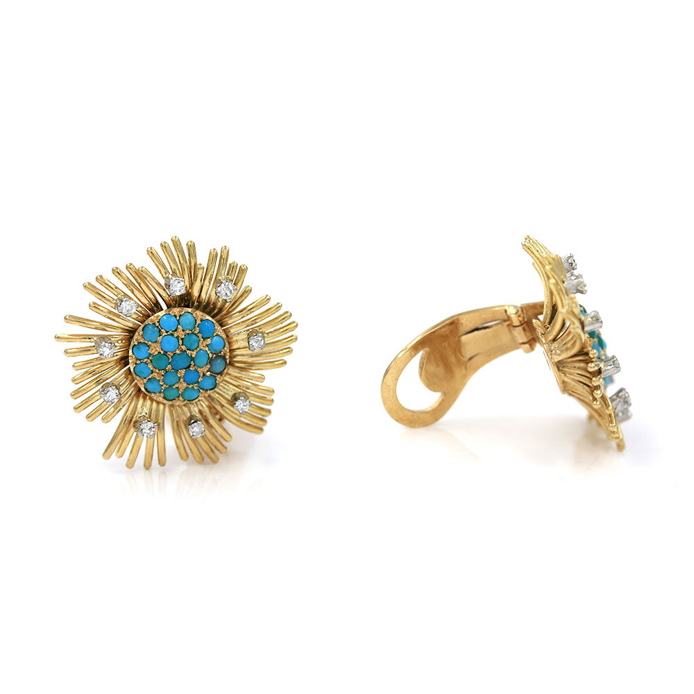 Vintage Turquoise and Diamond Sunburst Clip on Earrings in Gold