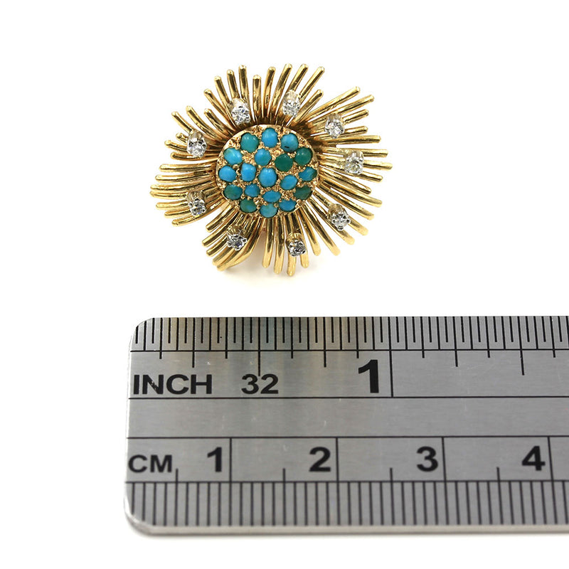 Vintage Turquoise and Diamond Sunburst Clip on Earrings in Gold