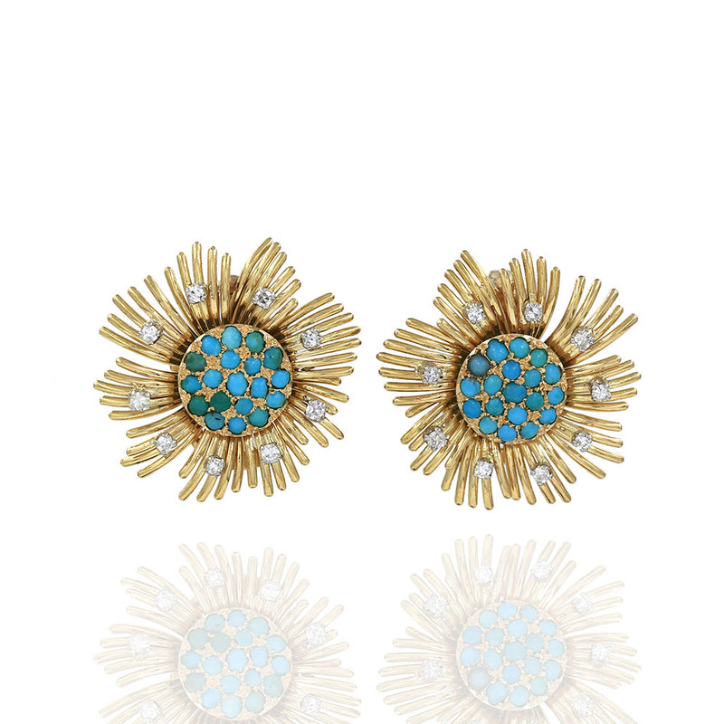 Vintage Turquoise and Diamond Sunburst Clip on Earrings in Gold