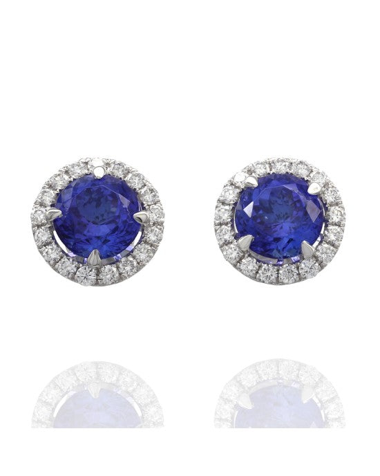 Tanzanite and Diamond Halo Earrings in Gold