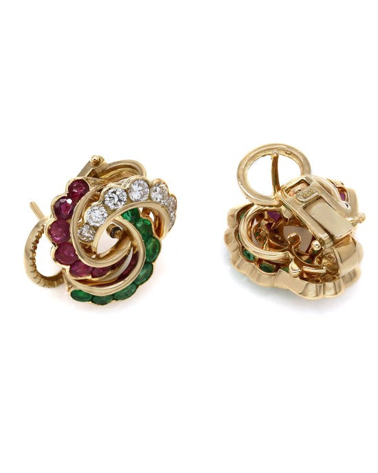 Ruby, Emerald and Diamond Earrings in Gold