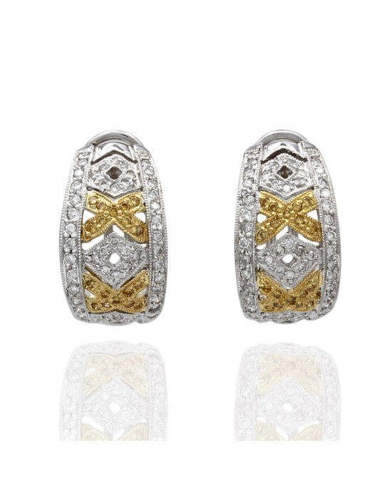 18K 2 Tone White and Yellow Diamond XO Earrings