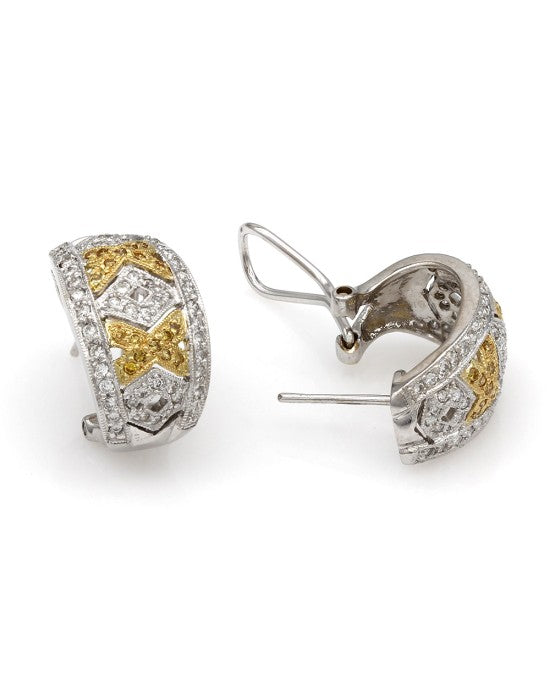 18K 2 Tone White and Yellow Diamond XO Earrings