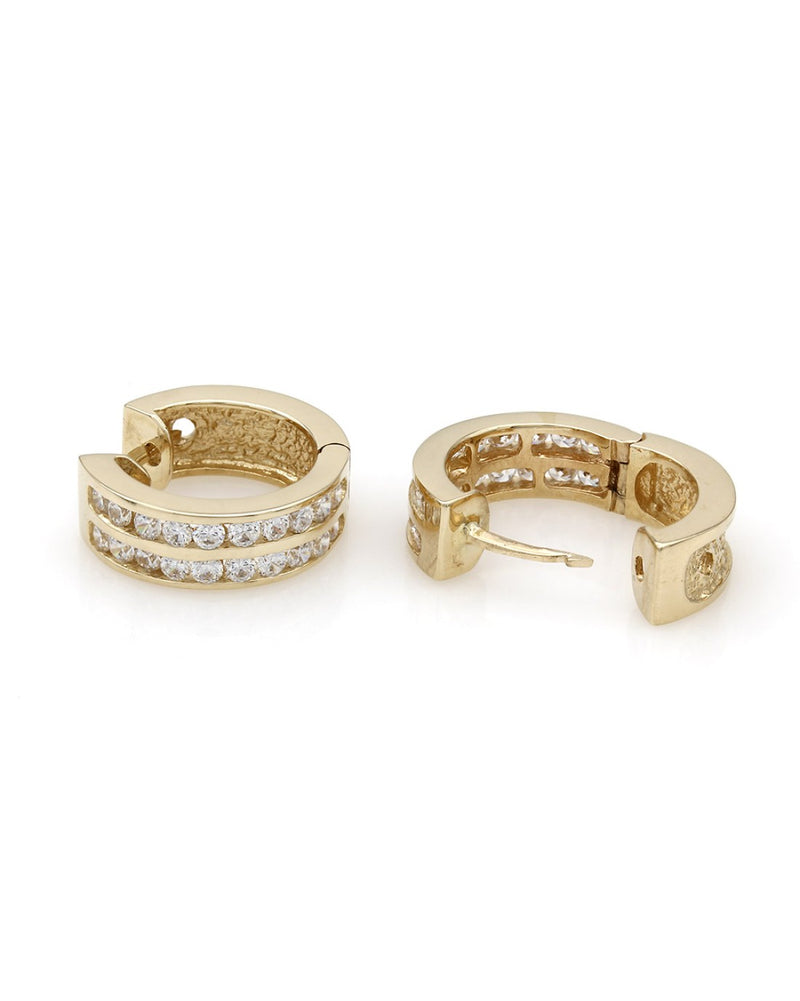 Two Row Diamond Huggie Earrings in Yellow Gold