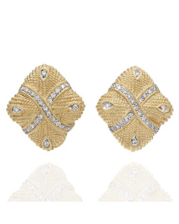 Square Shaped Diamond Accented Earrings with Rope Design in 18k Yellow Gold