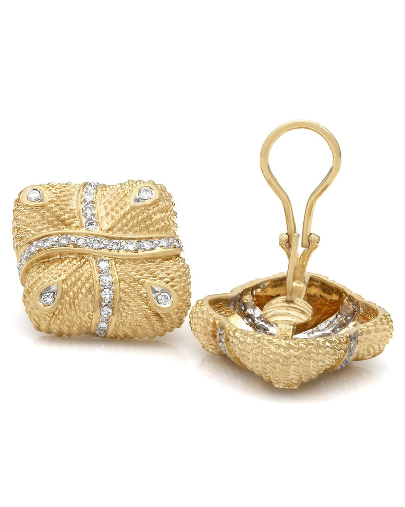 Square Shaped Diamond Accented Earrings with Rope Design in 18k Yellow Gold