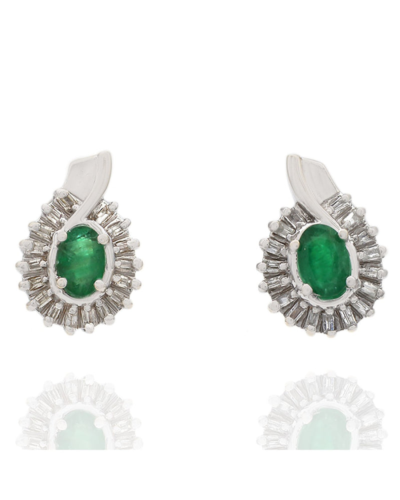 Emerald and Diamond Halo Earrings in White Gold