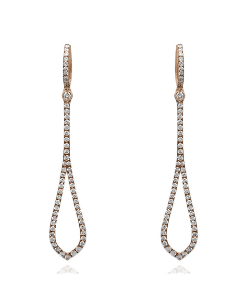 Elongated Tear Drop Dangle Earrings with Round Diamonds in 18k Rose Gold