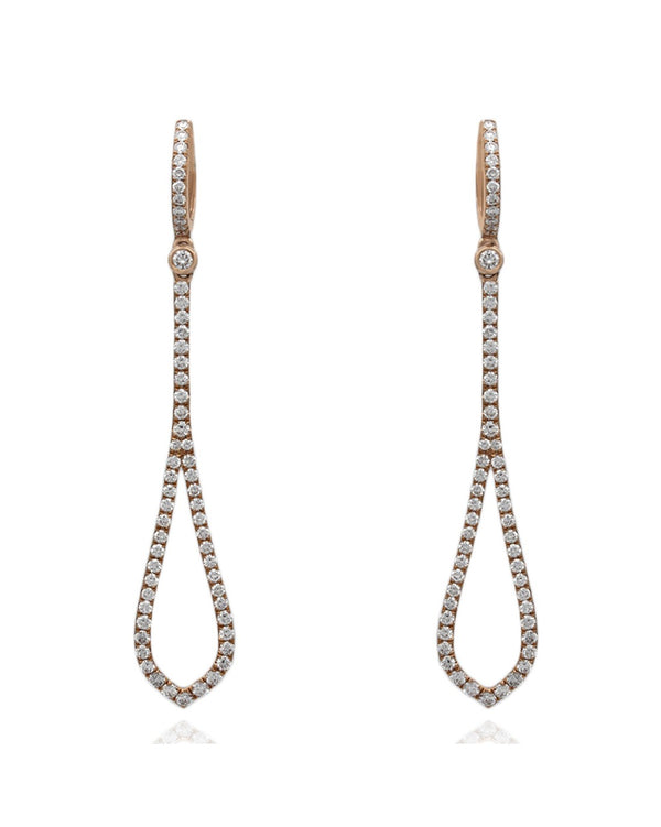 Elongated Tear Drop Dangle Earrings with Round Diamonds in 18k Rose Gold