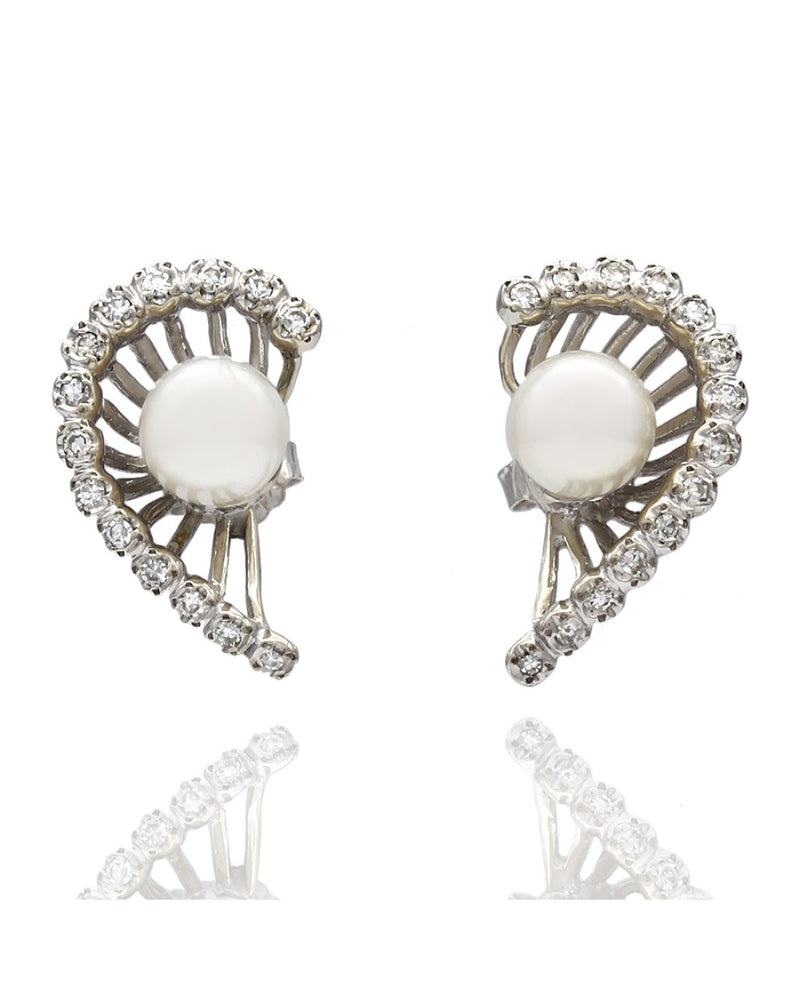 Half Heart Shape Pearl and Diamond Earrings