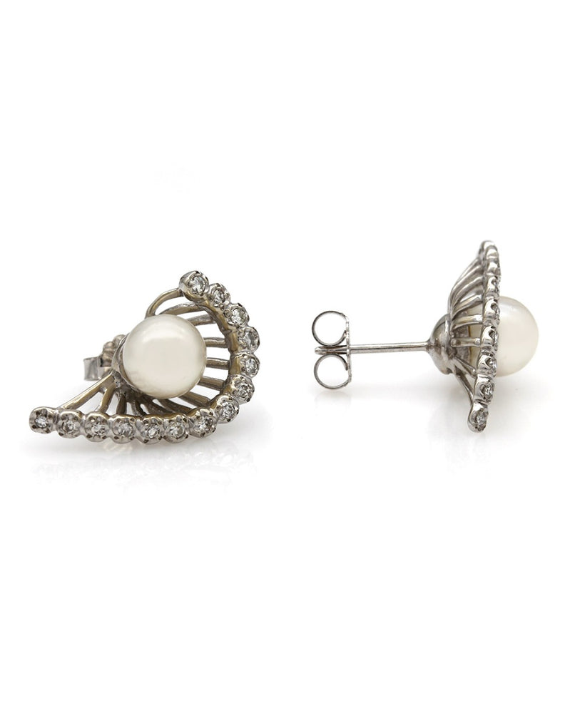 Half Heart Shape Pearl and Diamond Earrings