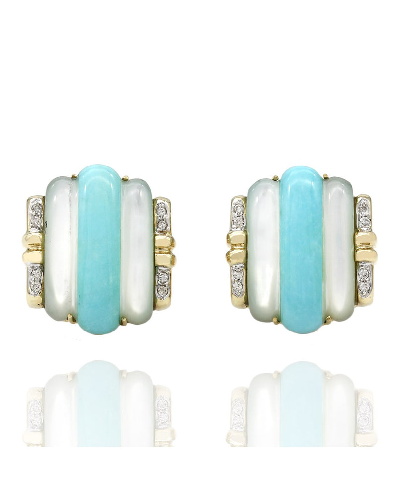 Synthetic Turquiose, Mother of Pearl and Diamond Clip On Earrings