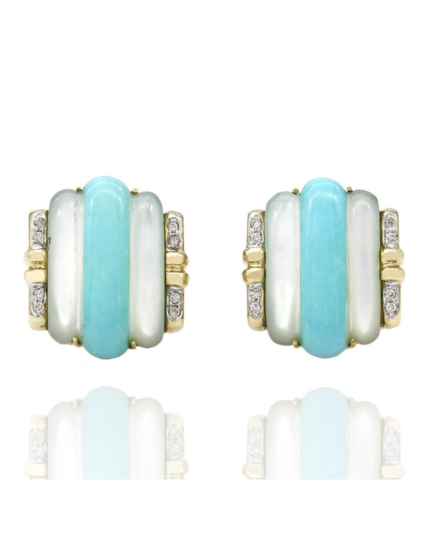 Synthetic Turquiose, Mother of Pearl and Diamond Clip On Earrings